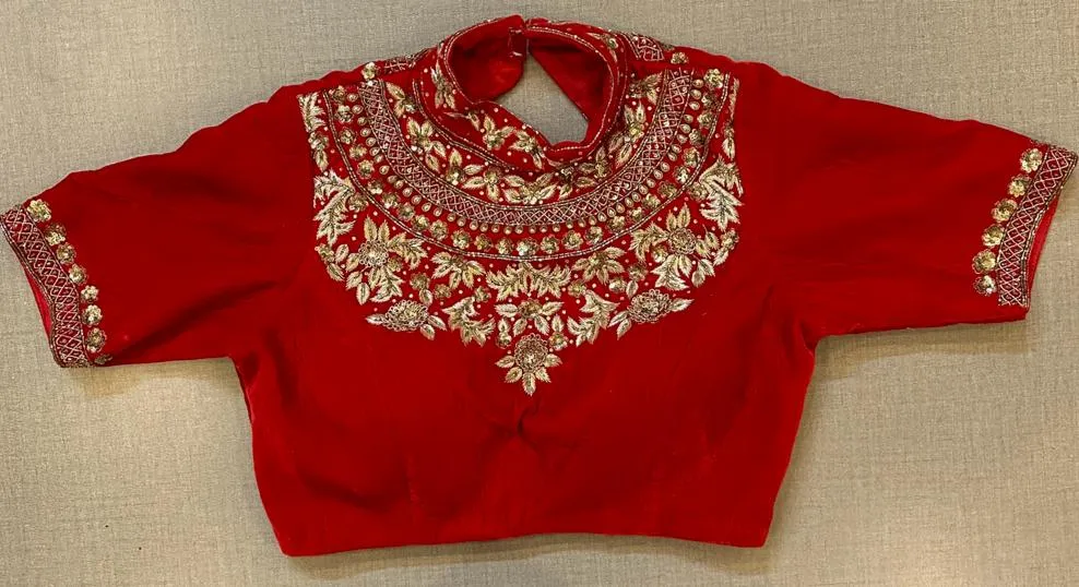 50w476-RO  Red High Neck Designer Saree Blouse With Embroidery