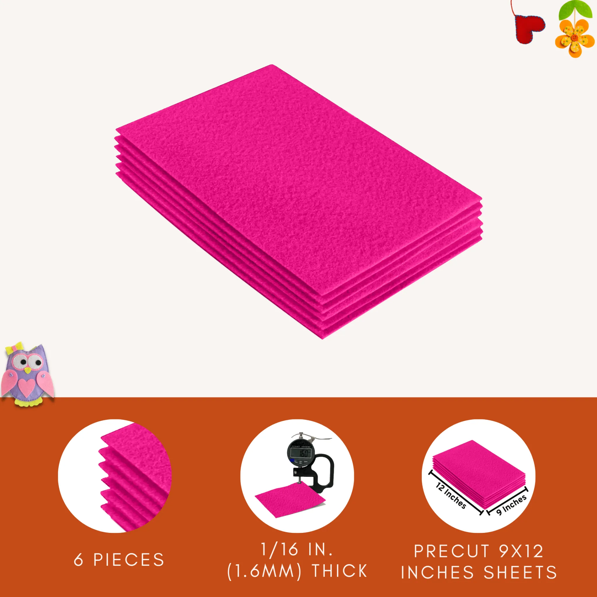 Acrylic Felt 9"X12" Sheet Packs | Neon Pink