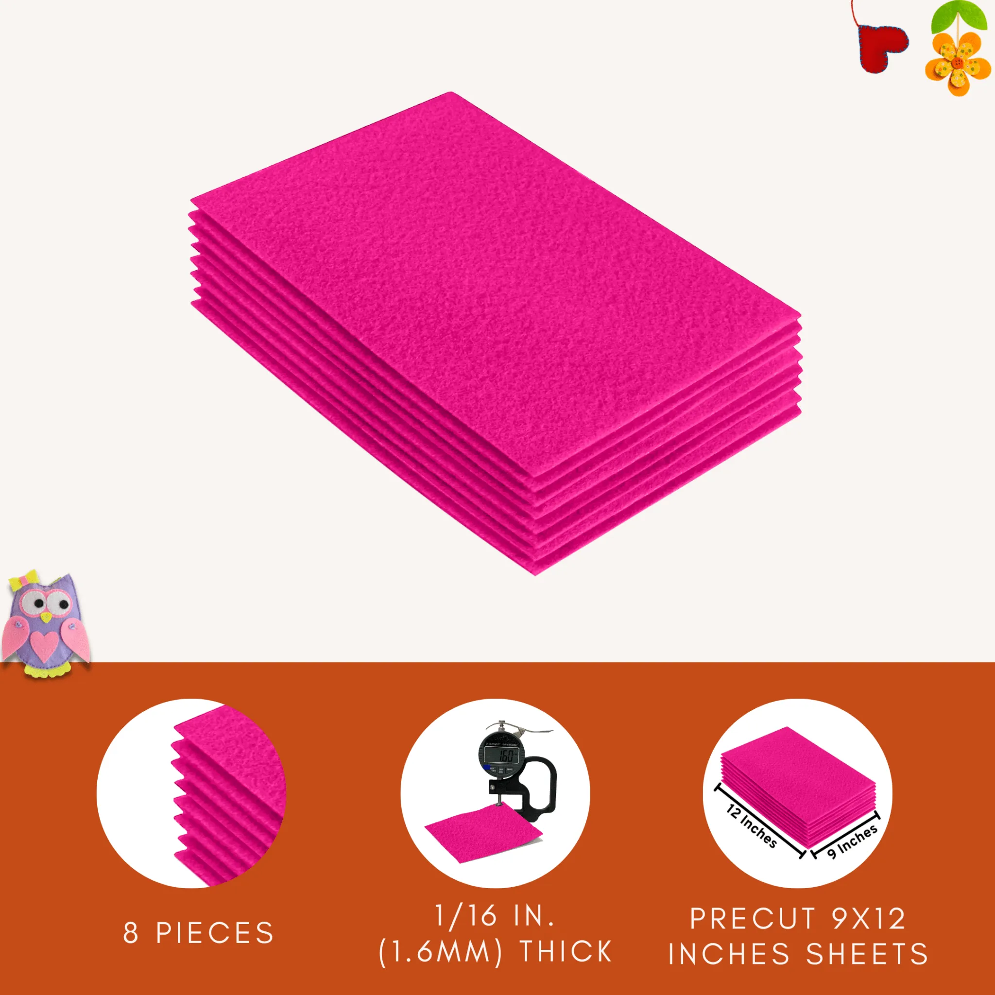 Acrylic Felt 9"X12" Sheet Packs | Neon Pink