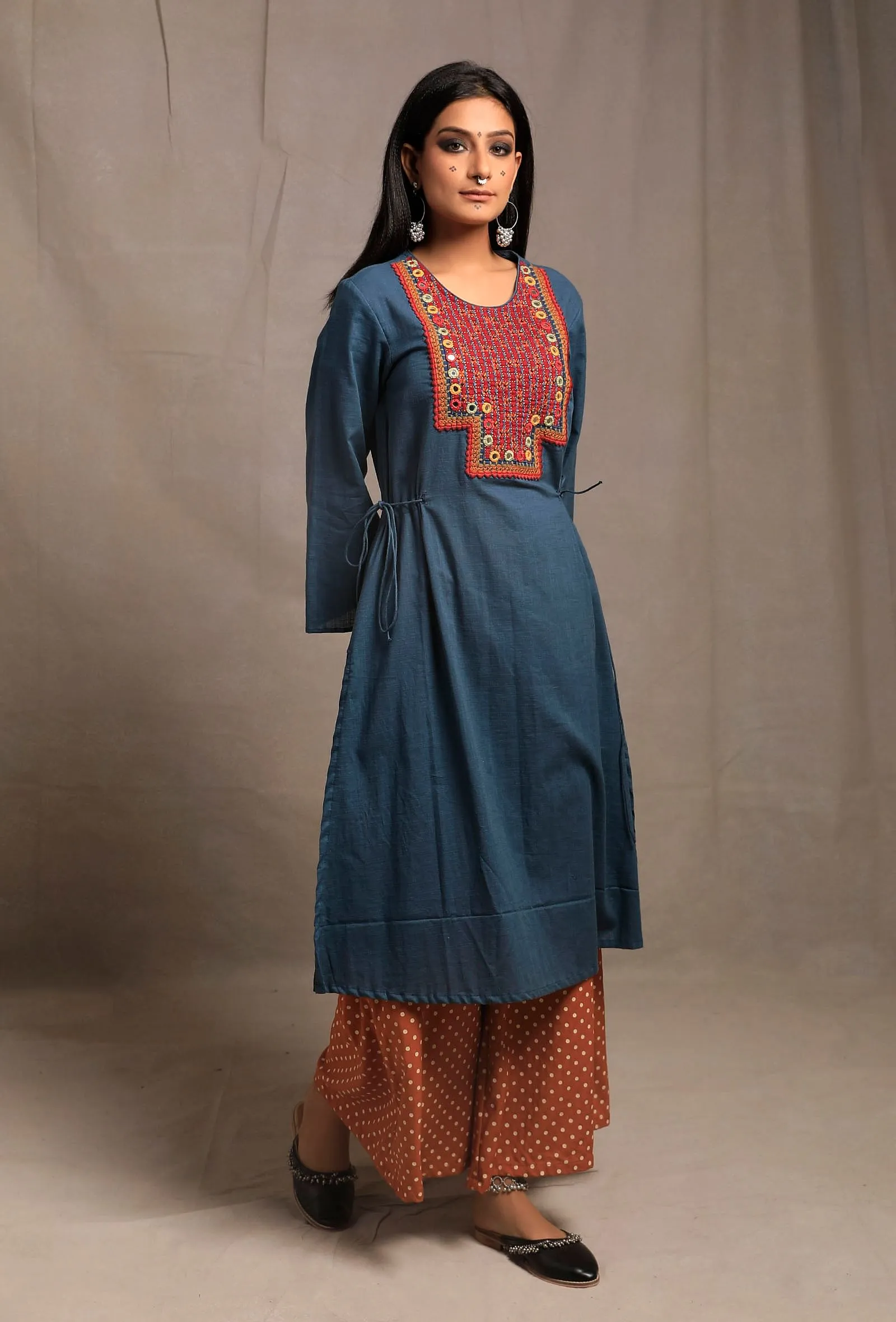 Agen Blue Front Embroidered side Knotted Kurta