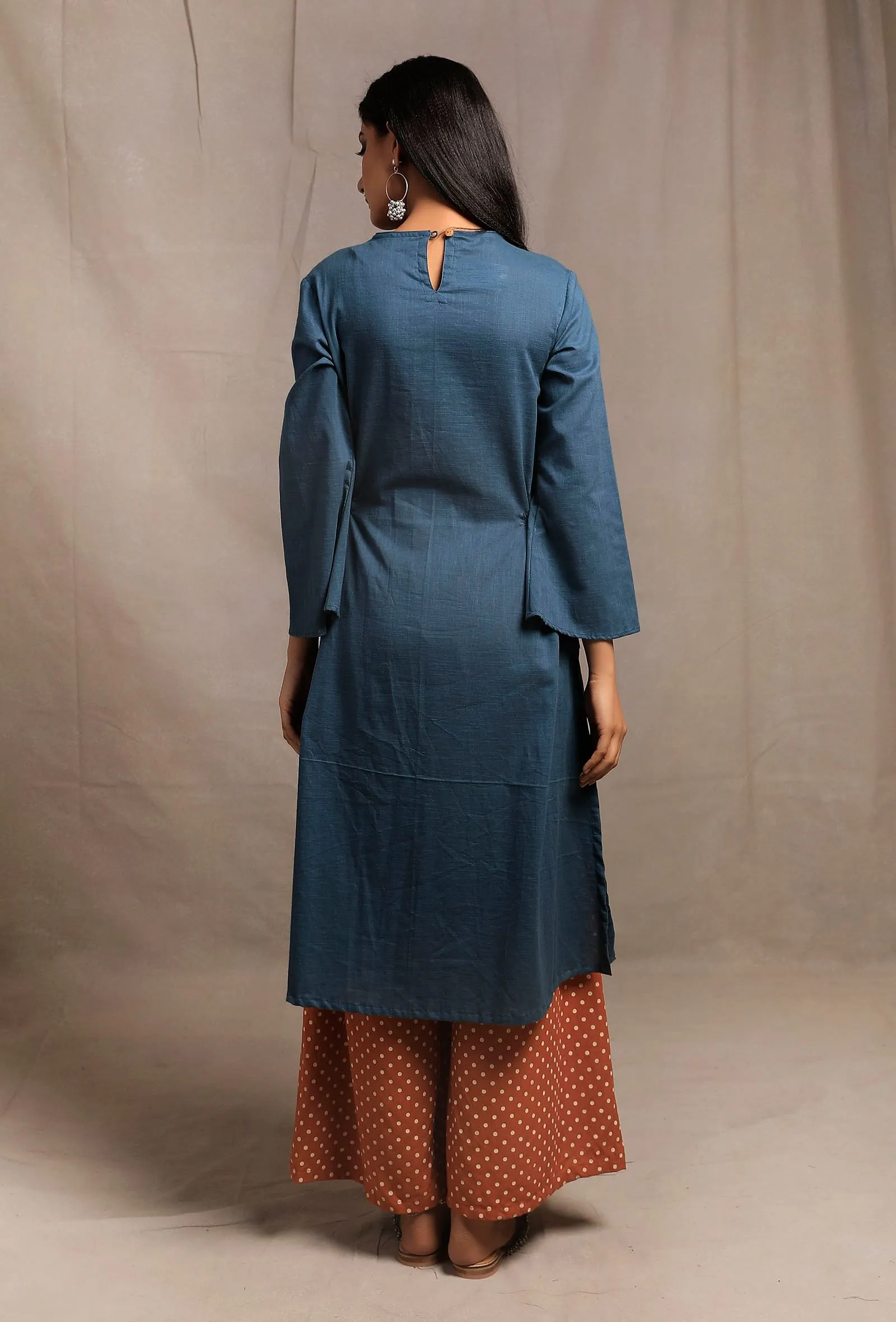 Agen Blue Front Embroidered side Knotted Kurta