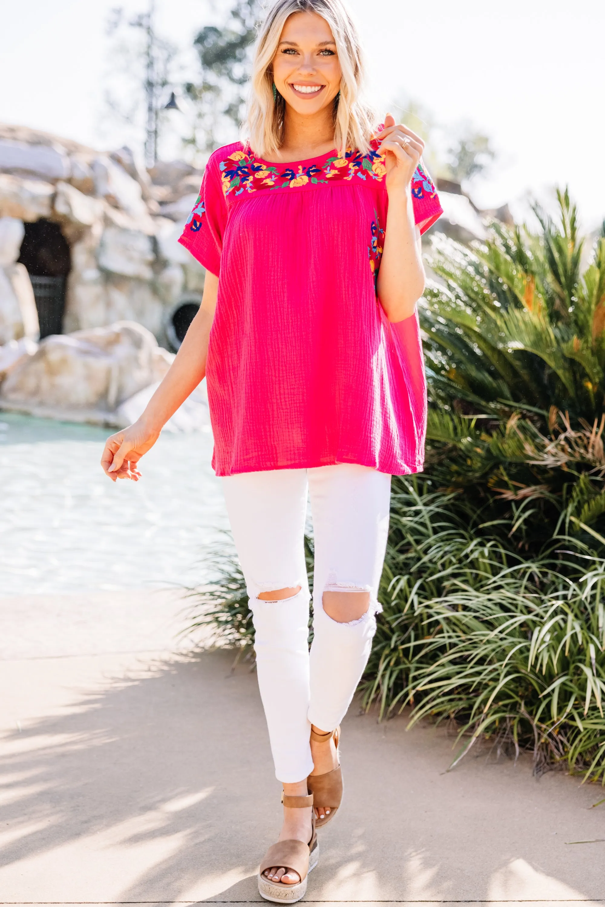 Another Trip Taken Fuchsia Pink Embroidered Top