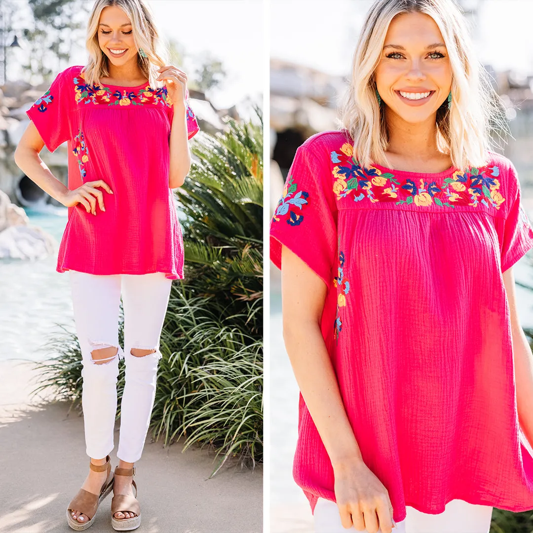 Another Trip Taken Fuchsia Pink Embroidered Top