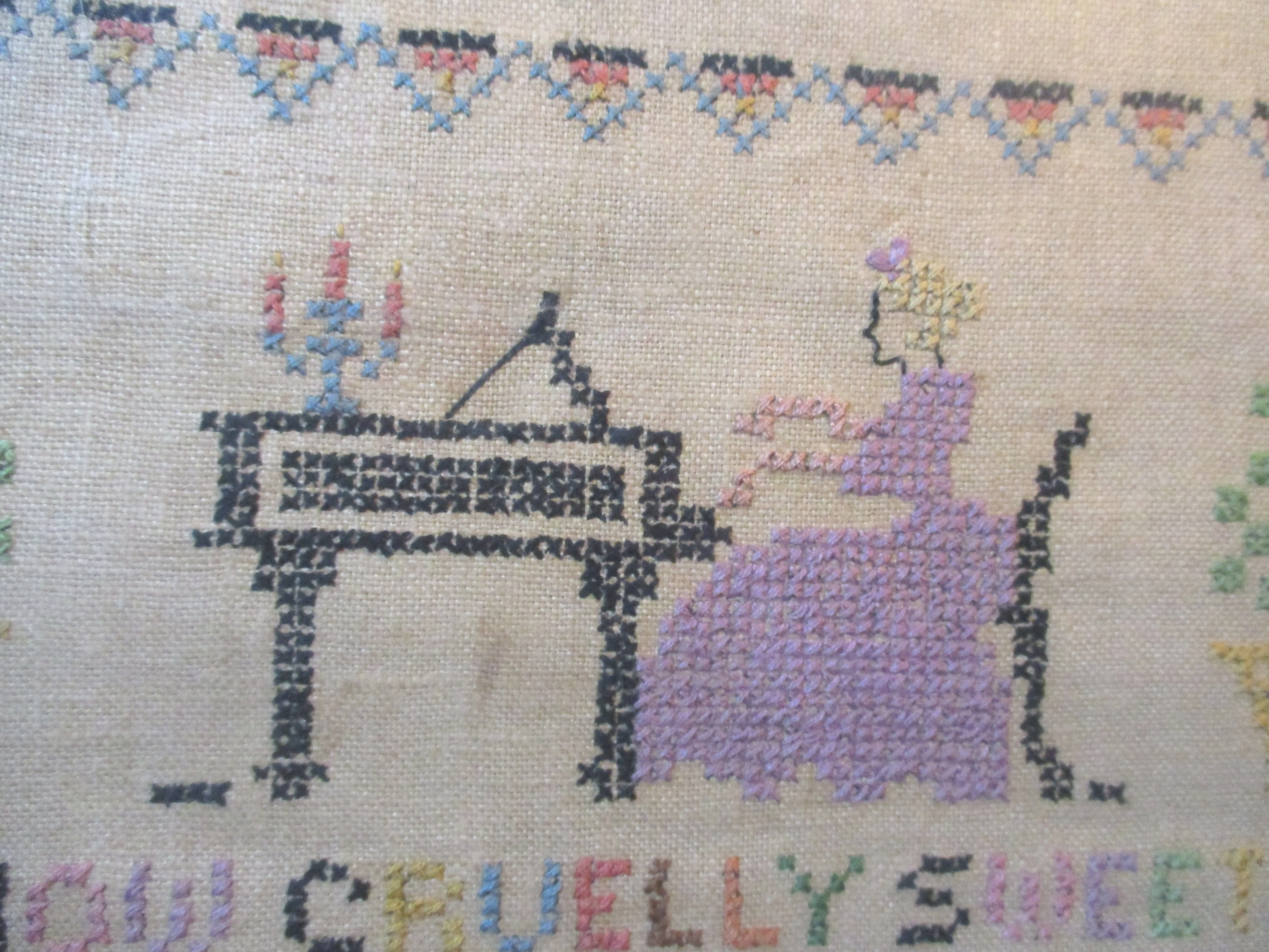 Antique 1905 Primitive Embroidery NEEDLEPOINT SAMPLER EARLY FOLK ART