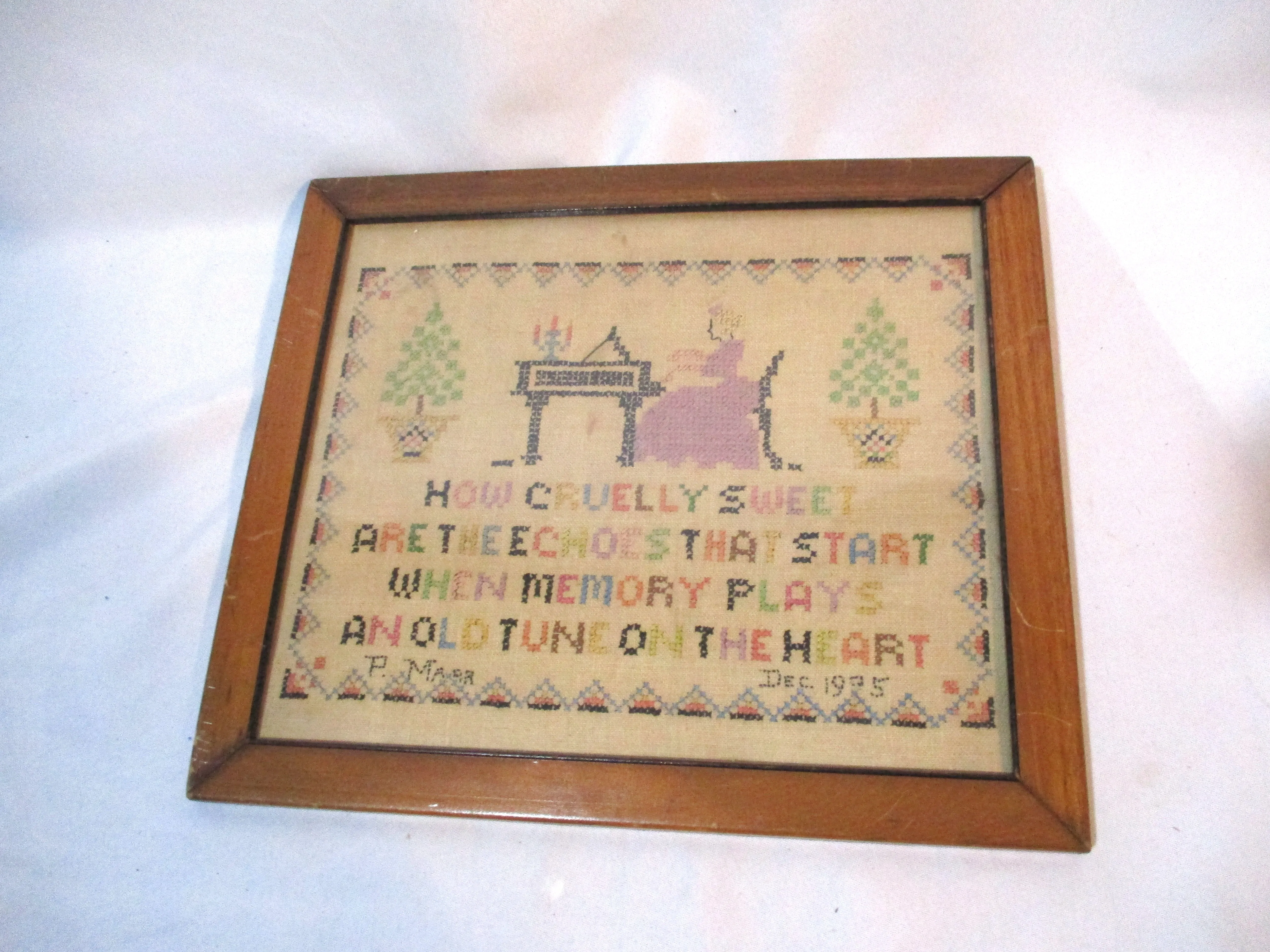 Antique 1905 Primitive Embroidery NEEDLEPOINT SAMPLER EARLY FOLK ART