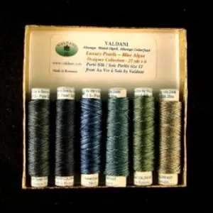 Au Ver a Soie by Valdani Designer Embroidery Silk Floss Set BLUE ALGAE, Silk Perle size 12, 6 assorted colors