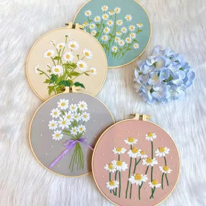 Beginners White Daisy Flowers Hand Embroidery DIY Kit 20cm