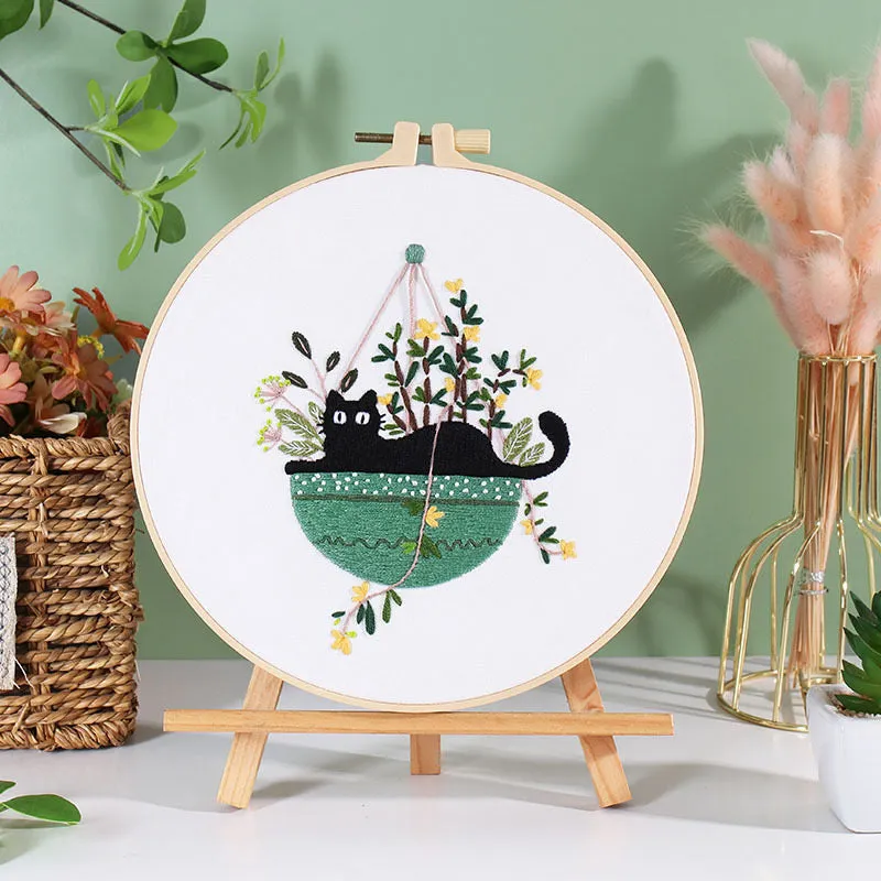 Black Cat on Plant Hand Embroidery DIY Kit 20cm