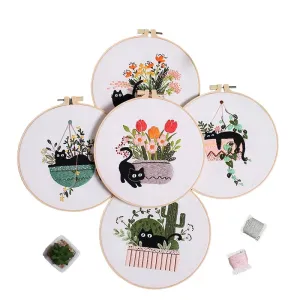 Black Cat on Plant Hand Embroidery DIY Kit 20cm