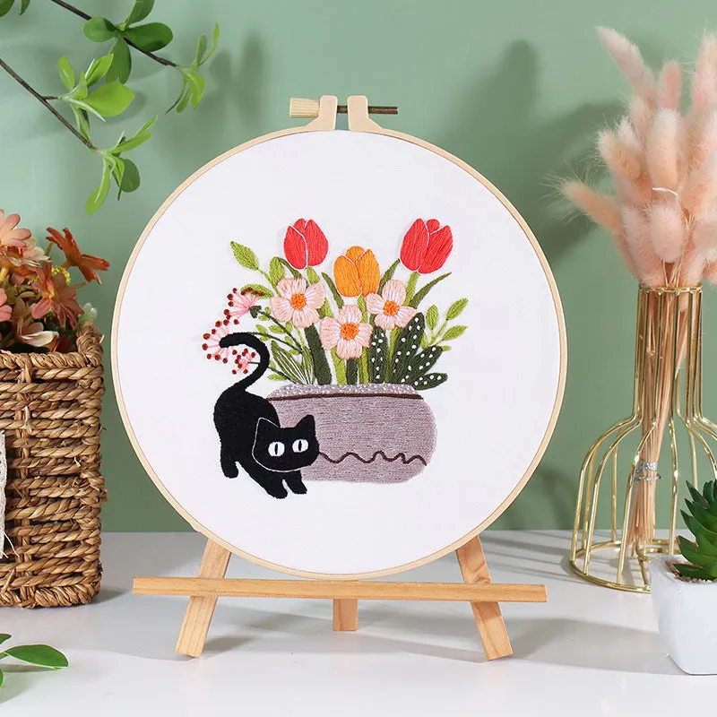 Black Cat on Plant Hand Embroidery DIY Kit 20cm