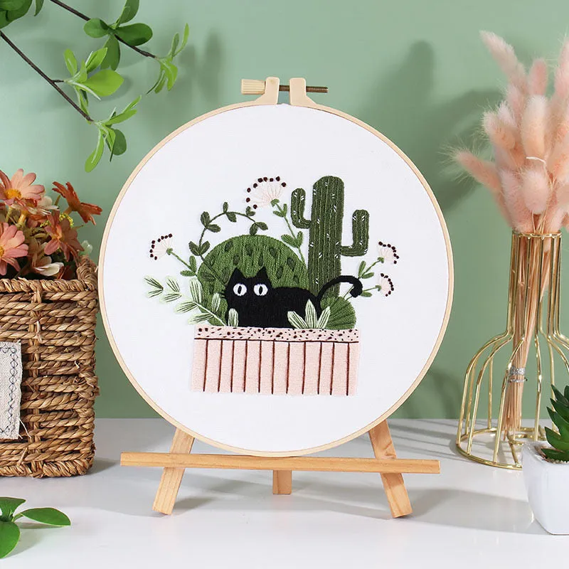 Black Cat on Plant Hand Embroidery DIY Kit 20cm