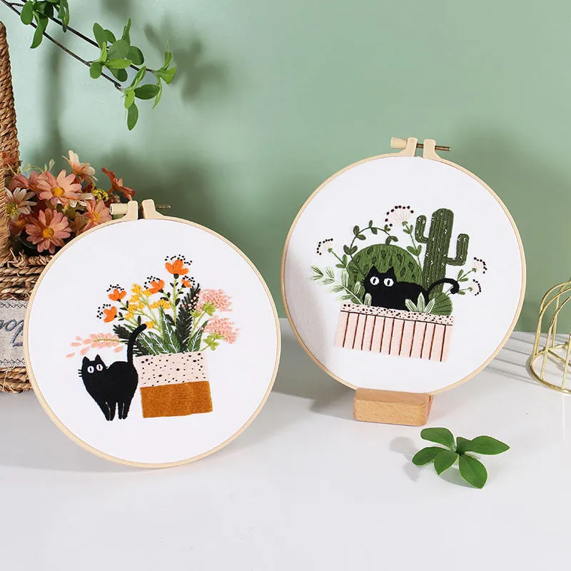 Black Cat on Plant Hand Embroidery DIY Kit 20cm