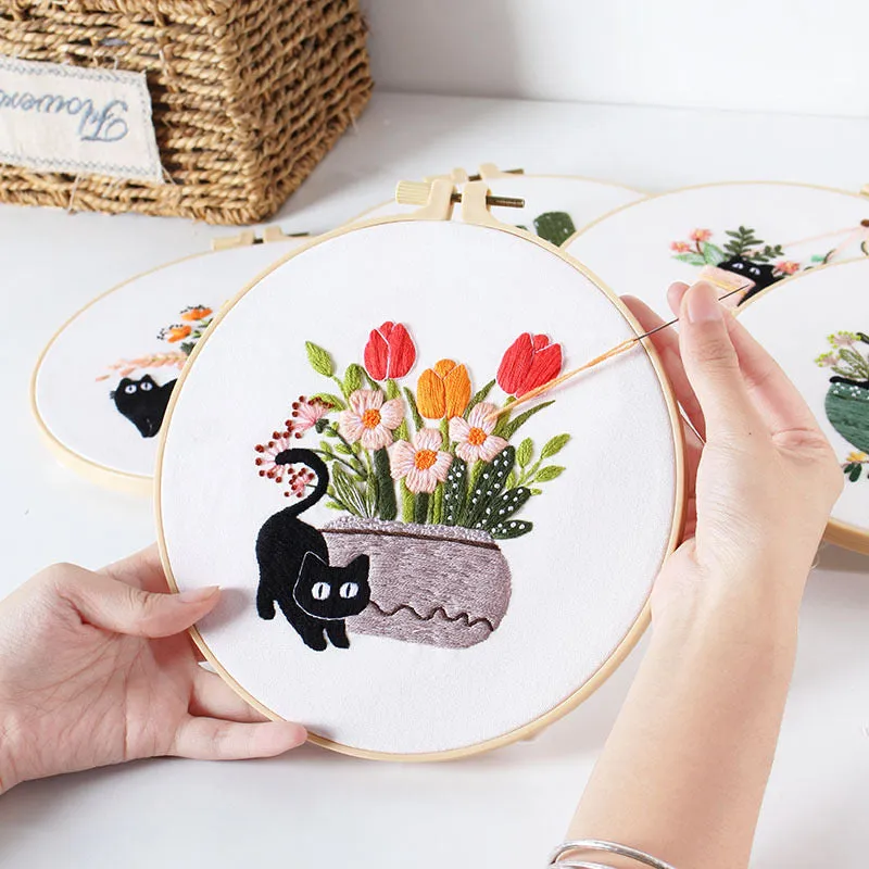 Black Cat on Plant Hand Embroidery DIY Kit 20cm