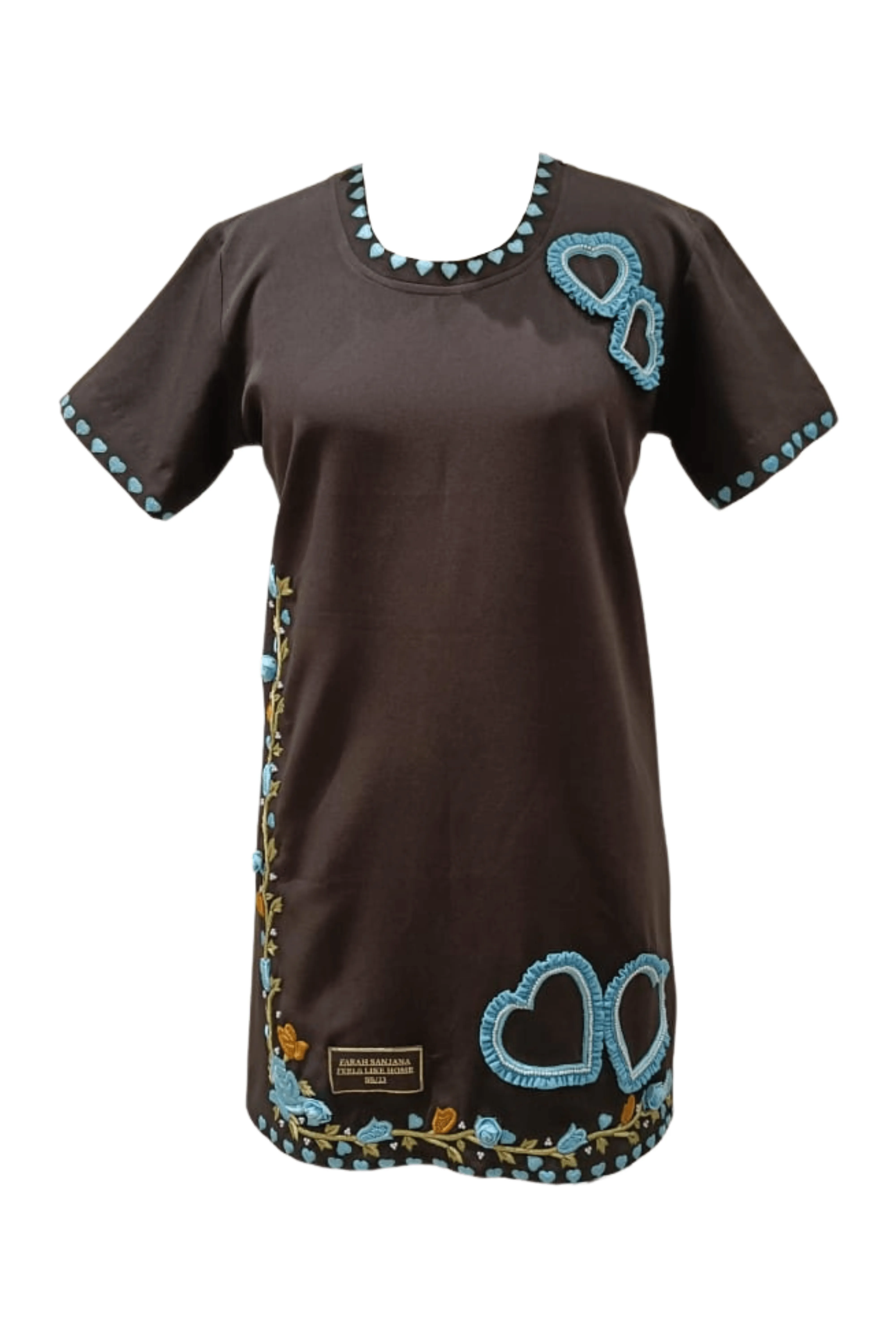 Black Embroidered Blue Heart T-Shirt Dress