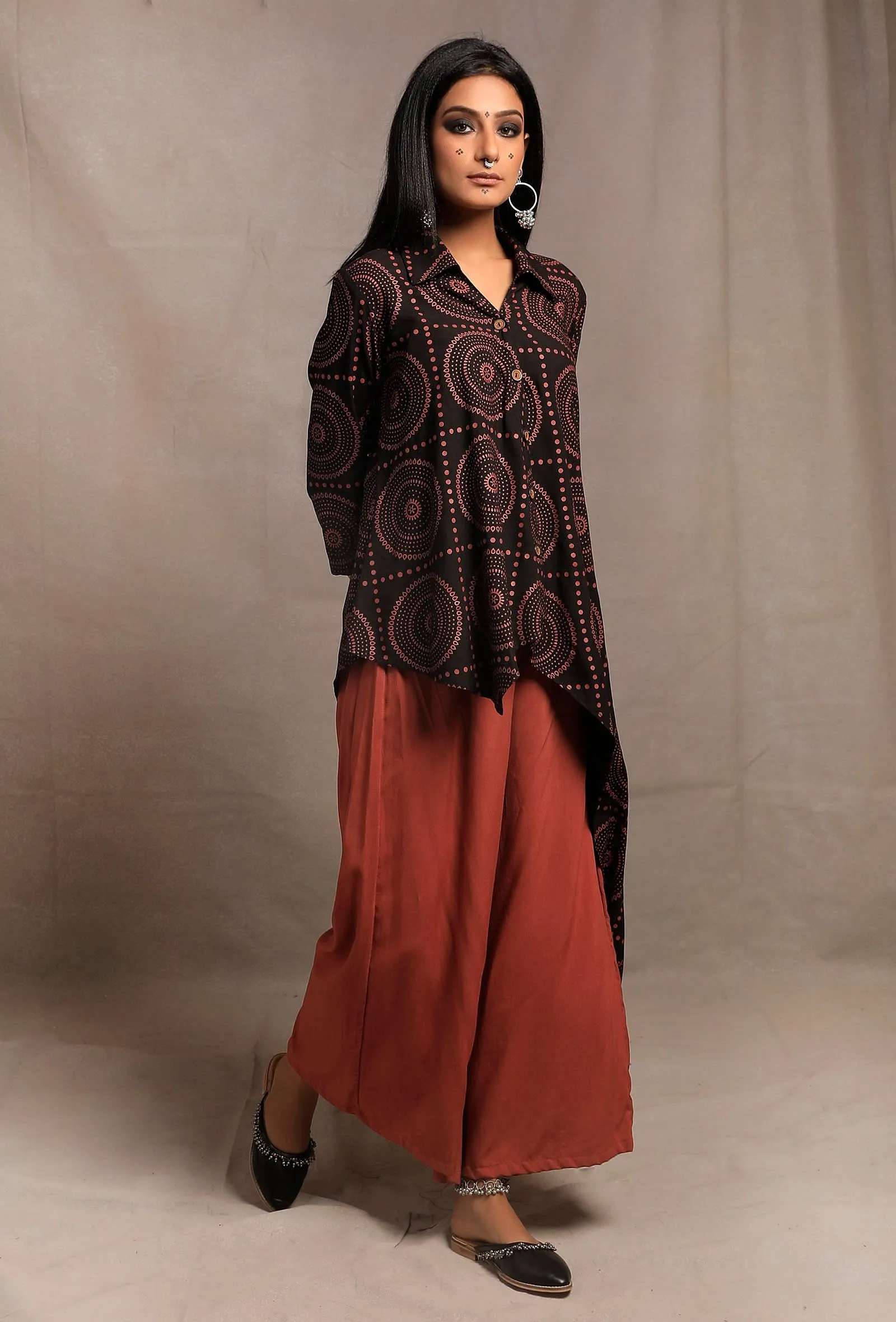 Black Hand Block Printed Asymmetrical Shirt Tunic