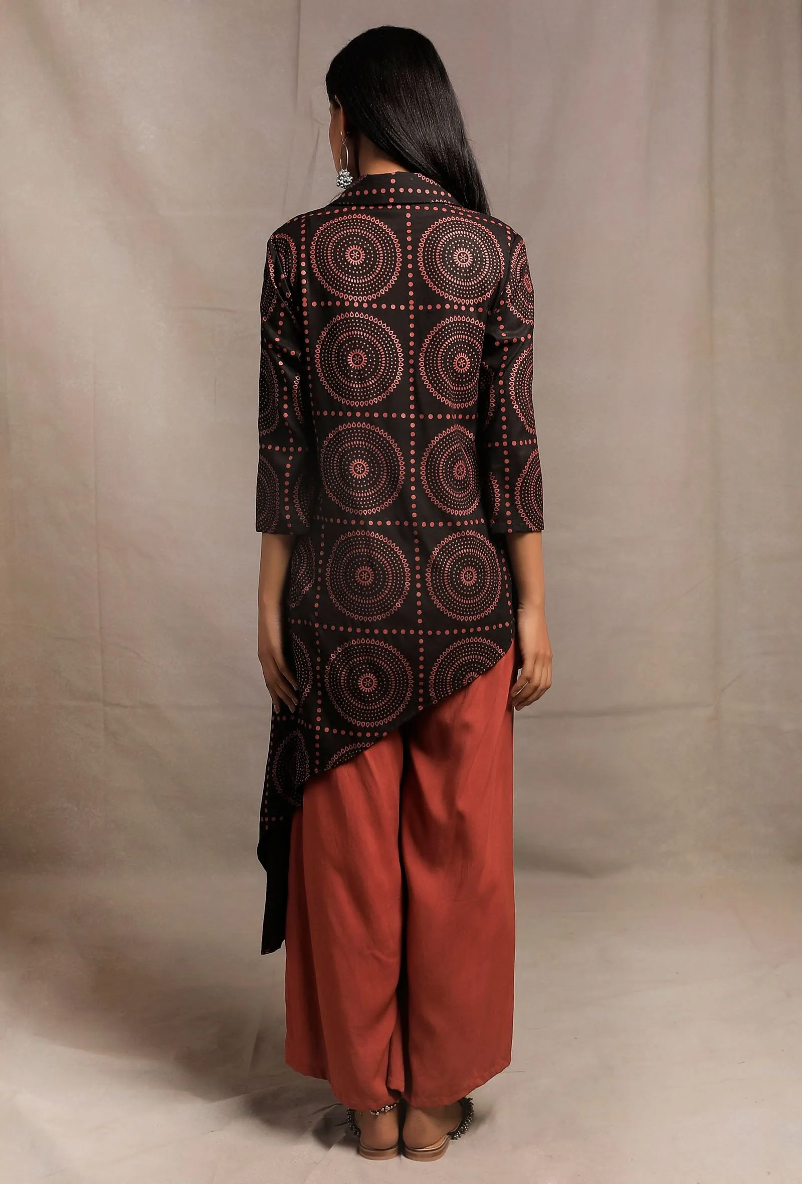 Black Hand Block Printed Asymmetrical Shirt Tunic