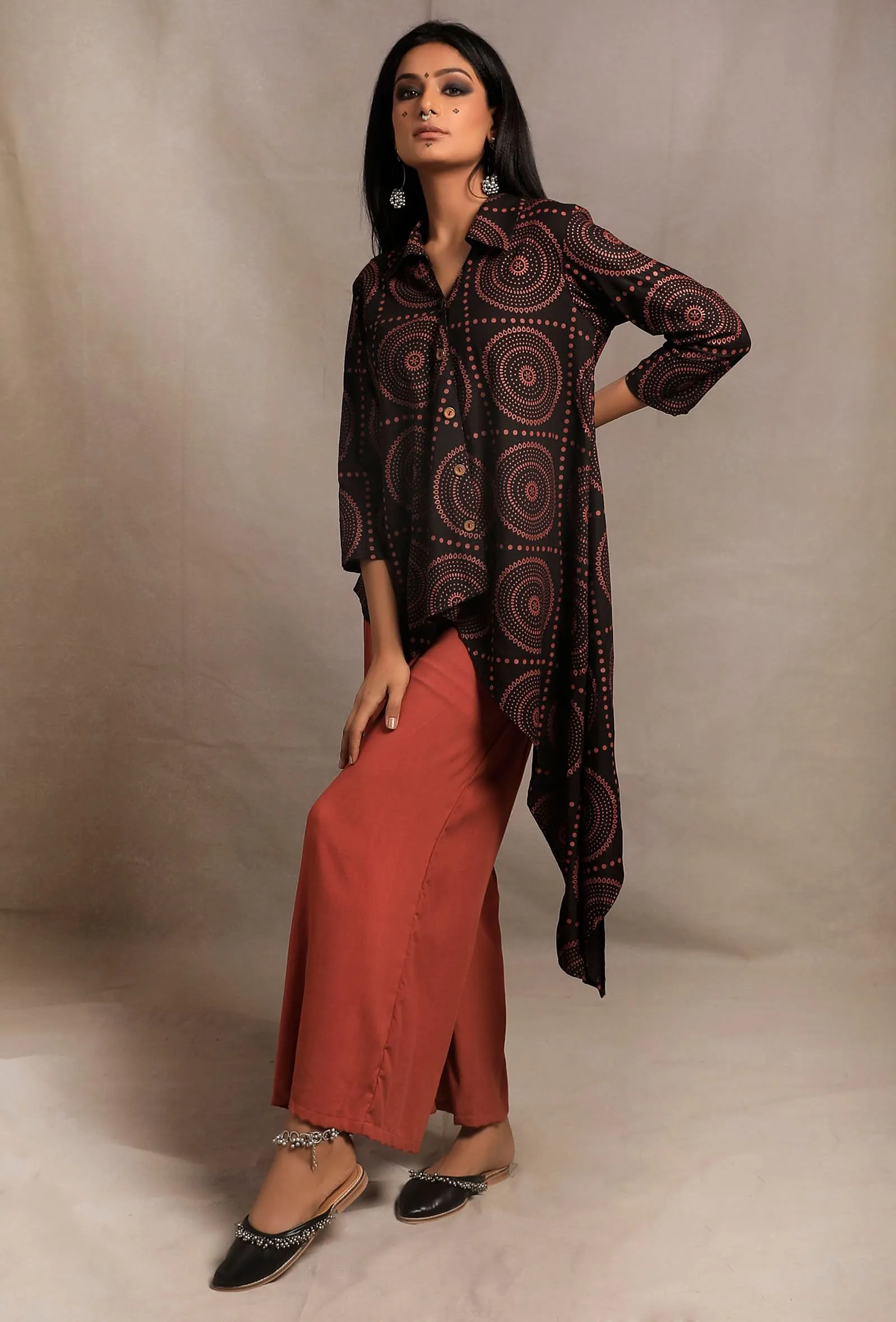 Black Hand Block Printed Asymmetrical Shirt Tunic