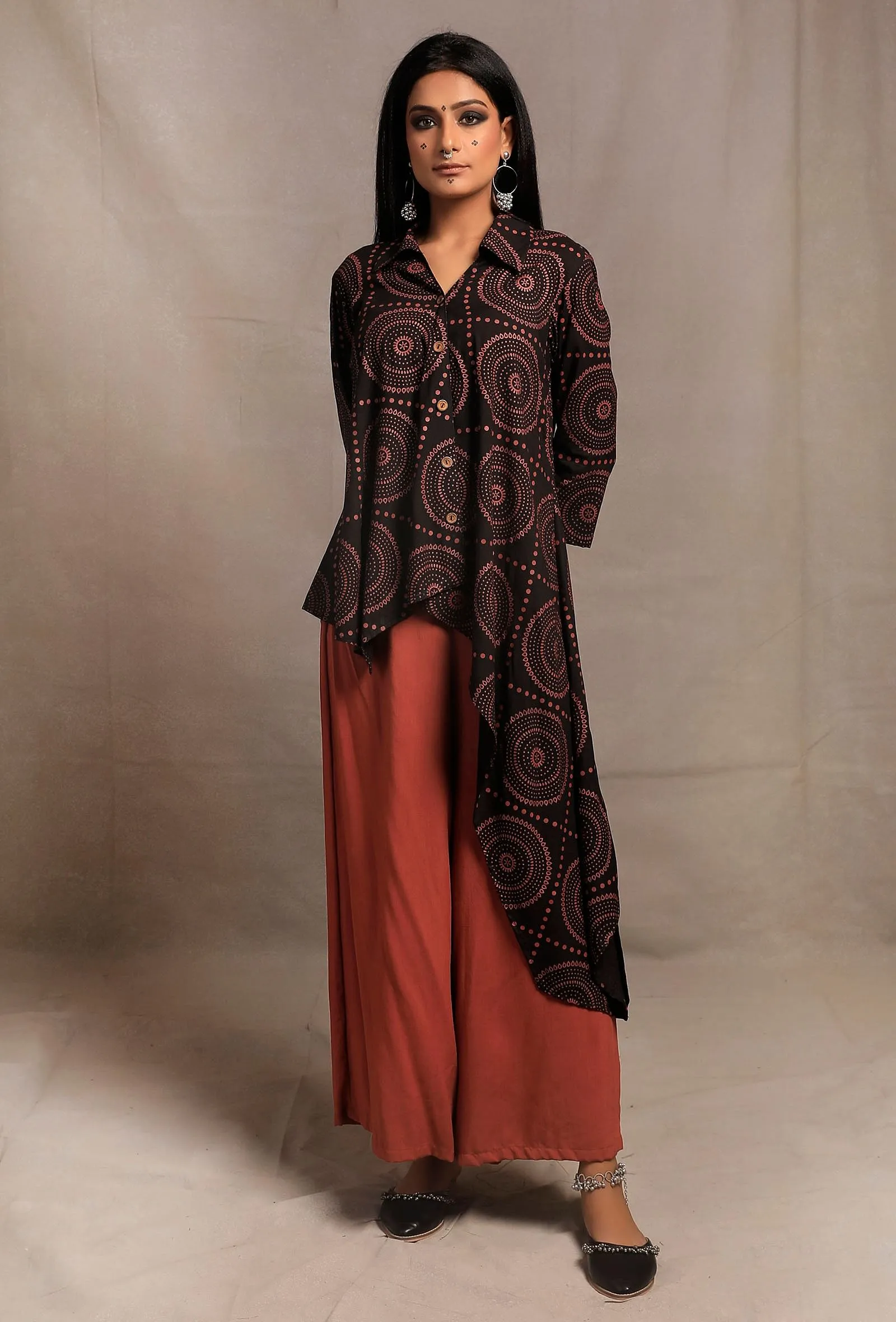 Black Hand Block Printed Asymmetrical Shirt Tunic