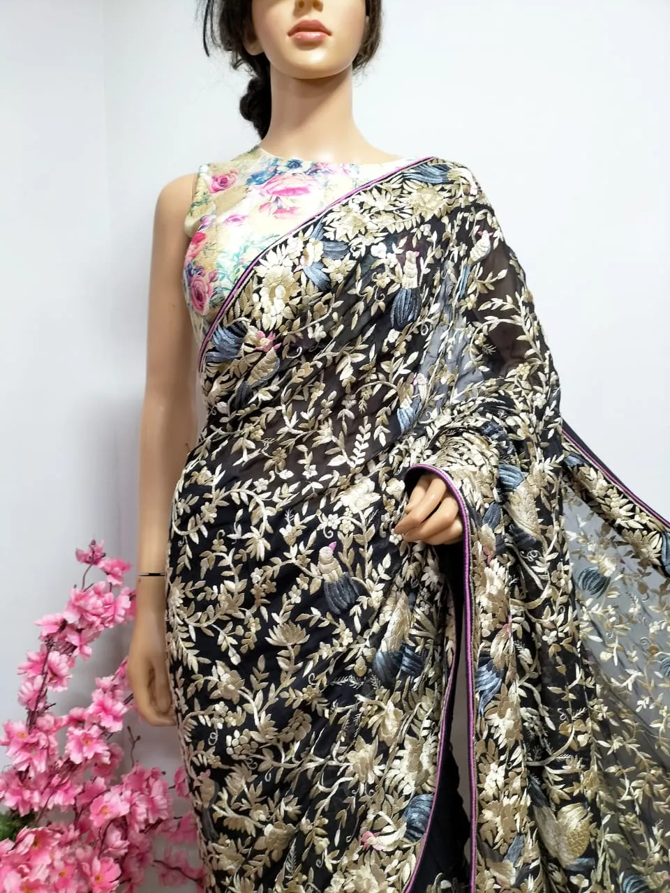 Black Hand Embroidered Parsi Gara Georgette Floral And Bird Design Saree