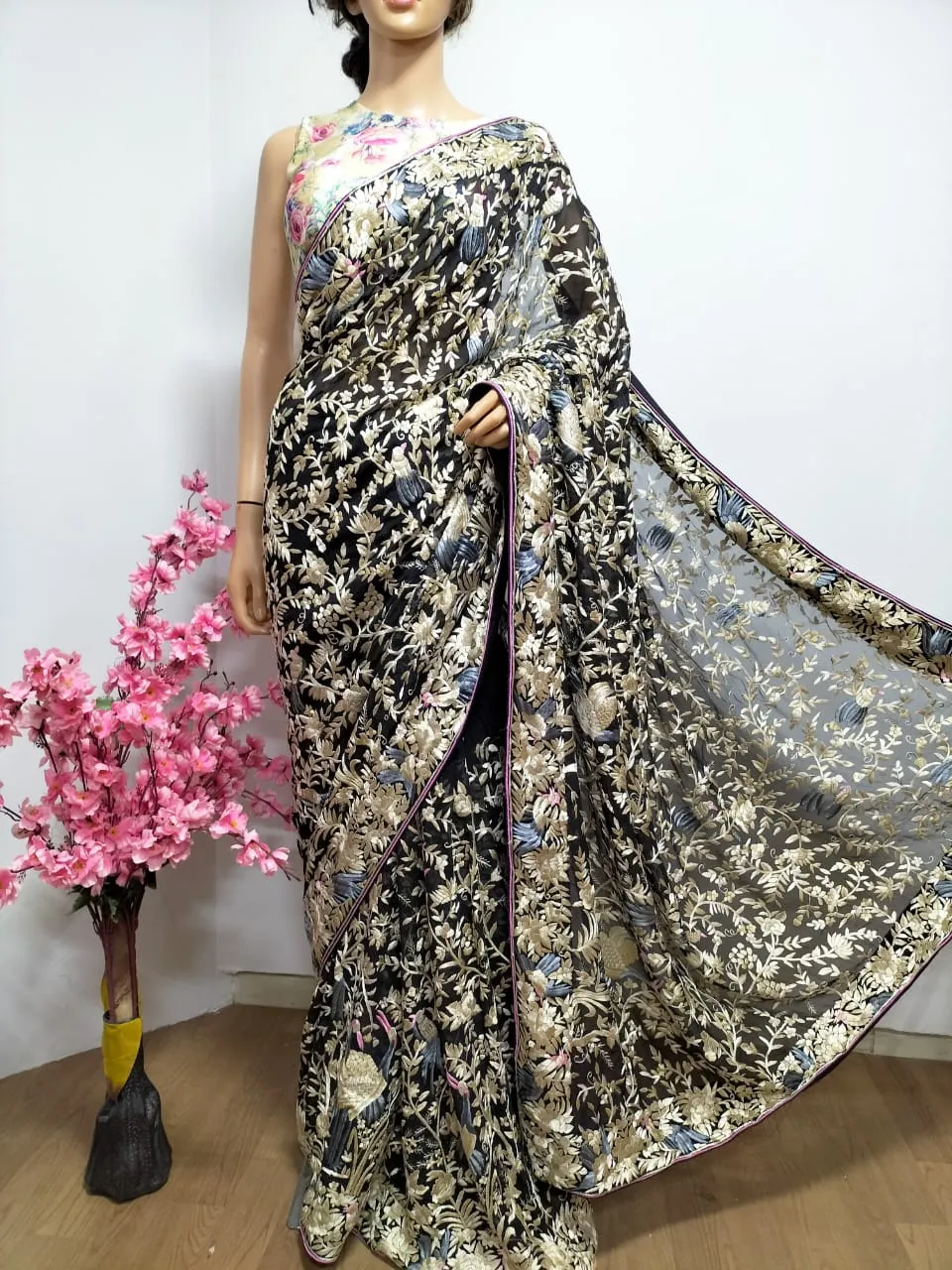 Black Hand Embroidered Parsi Gara Georgette Floral And Bird Design Saree