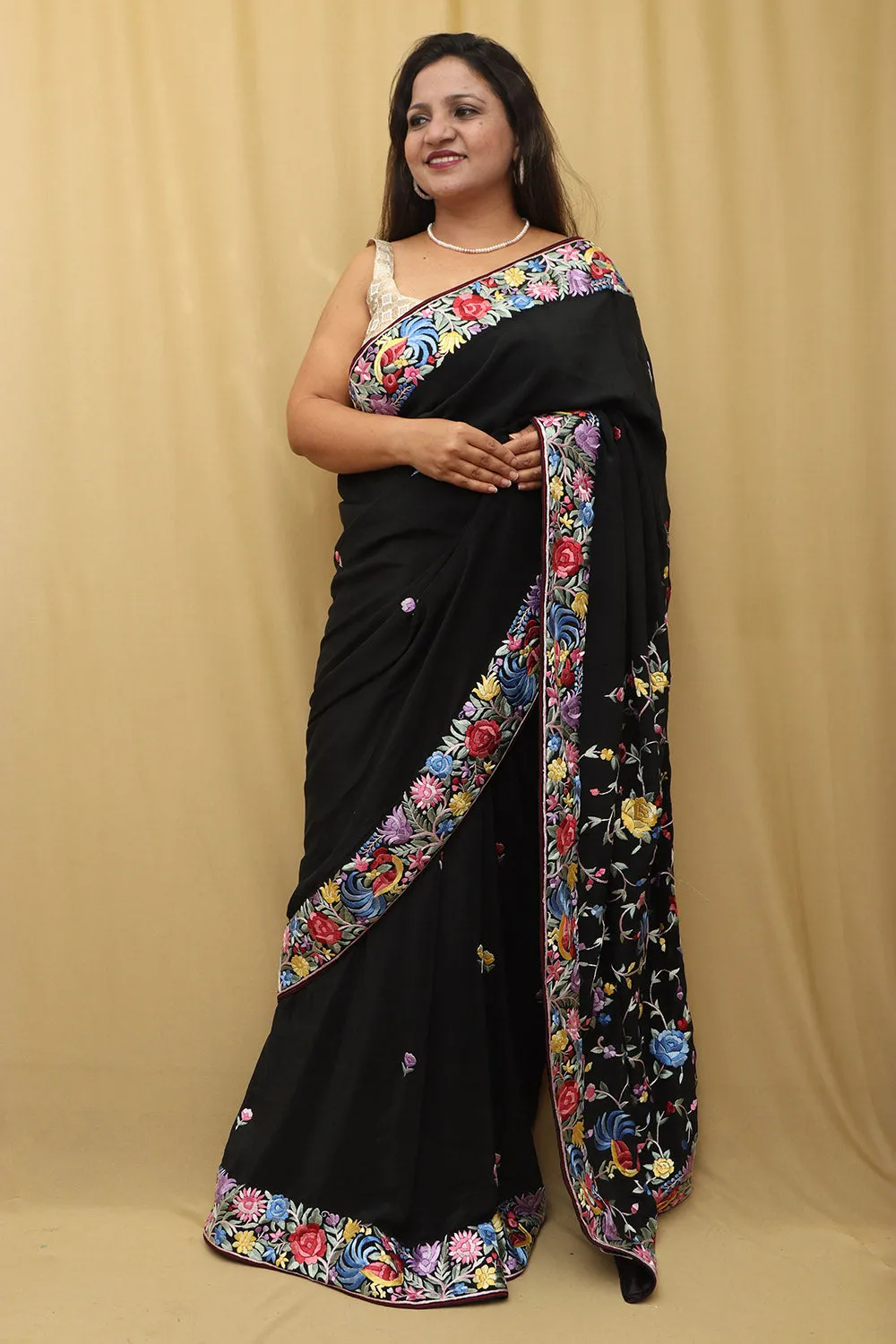 Black Hand Embroidered Parsi Gara Pure Georgette Bird Design Saree