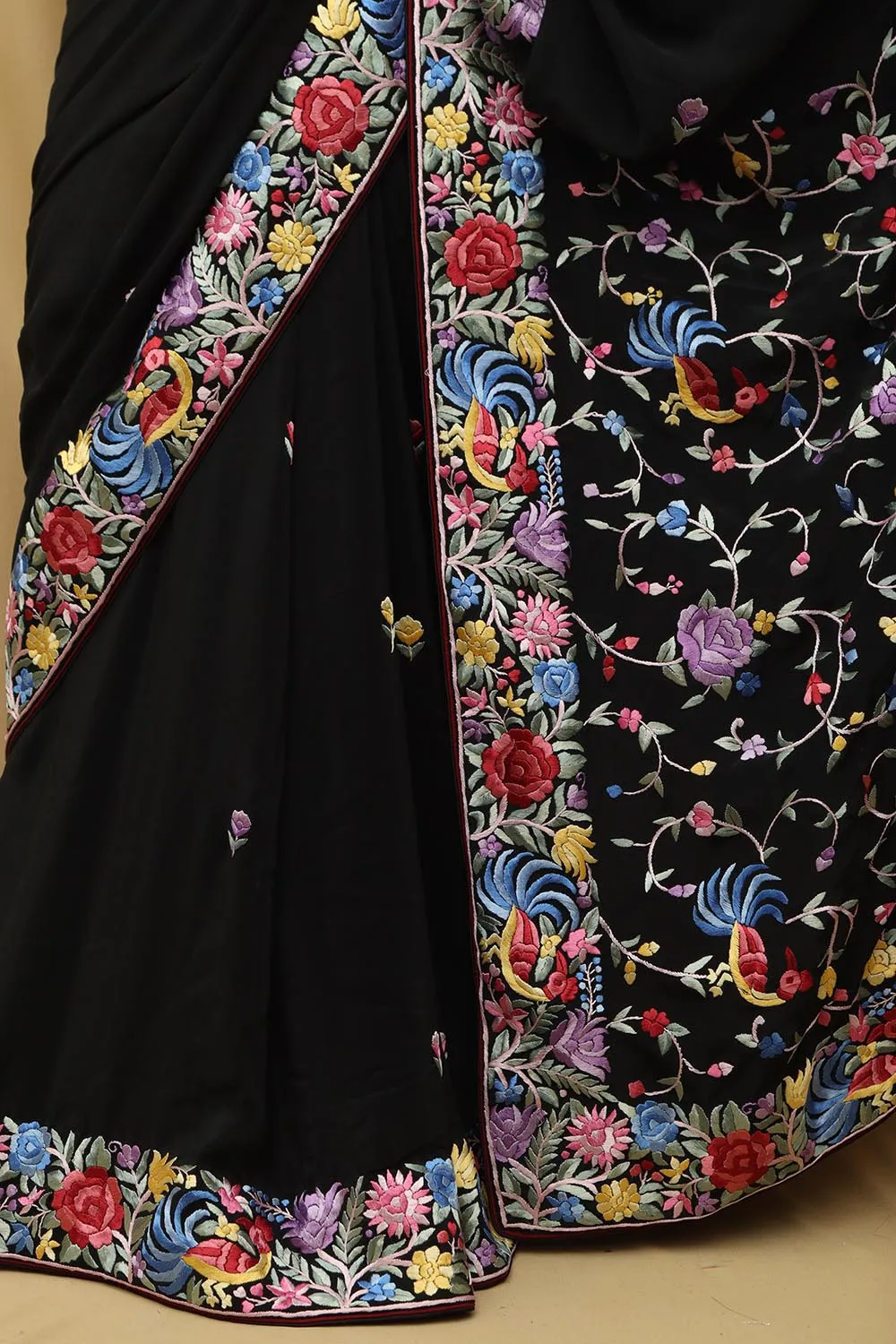 Black Hand Embroidered Parsi Gara Pure Georgette Bird Design Saree