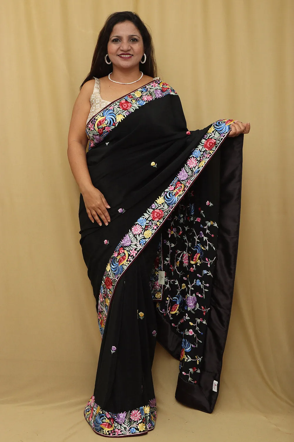 Black Hand Embroidered Parsi Gara Pure Georgette Bird Design Saree