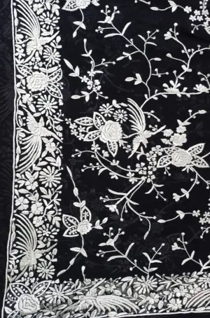 Black Hand Embroidered Parsi Gara Pure Georgette Floral And Bird Design Saree