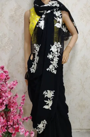 Black Hand Embroidered Parsi Gara Pure Georgette Saree