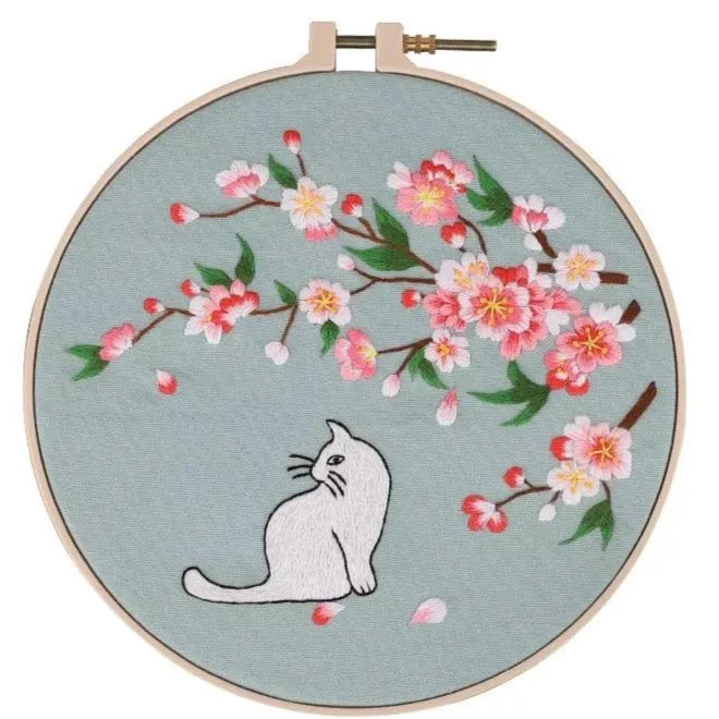 Cat under Peach Blossom Hand Embroidery Full Kit 8 inch