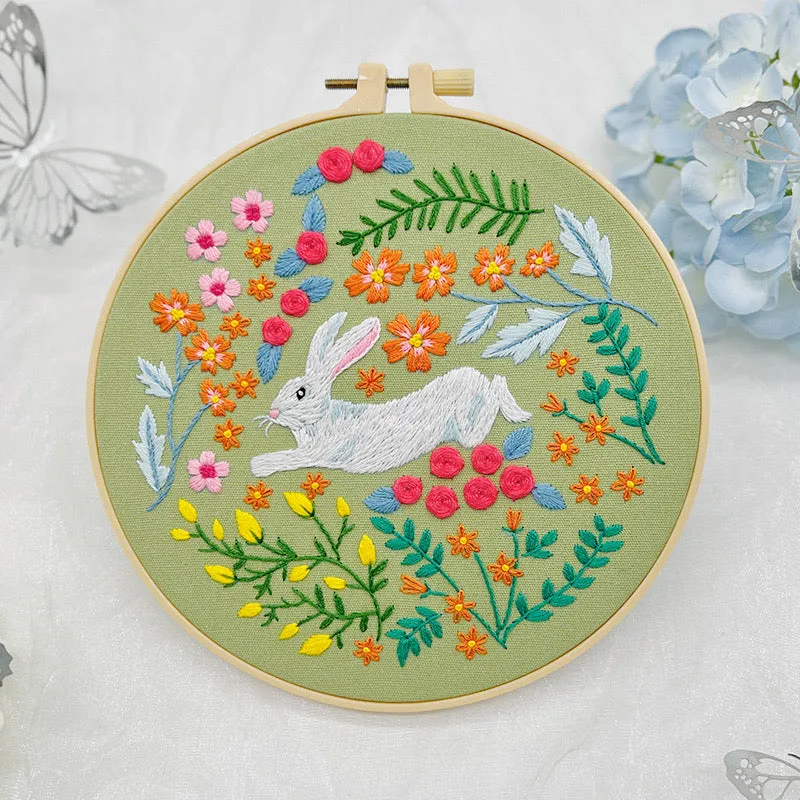 Charming White Rabbit Flowers Hand Embroidery DIY Kit 20cm