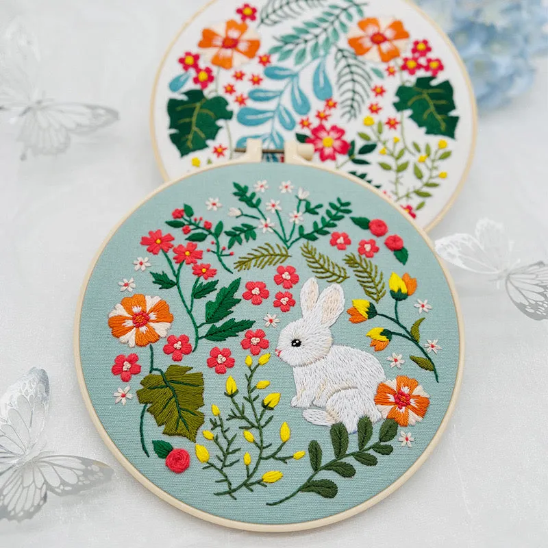 Charming White Rabbit Flowers Hand Embroidery DIY Kit 20cm