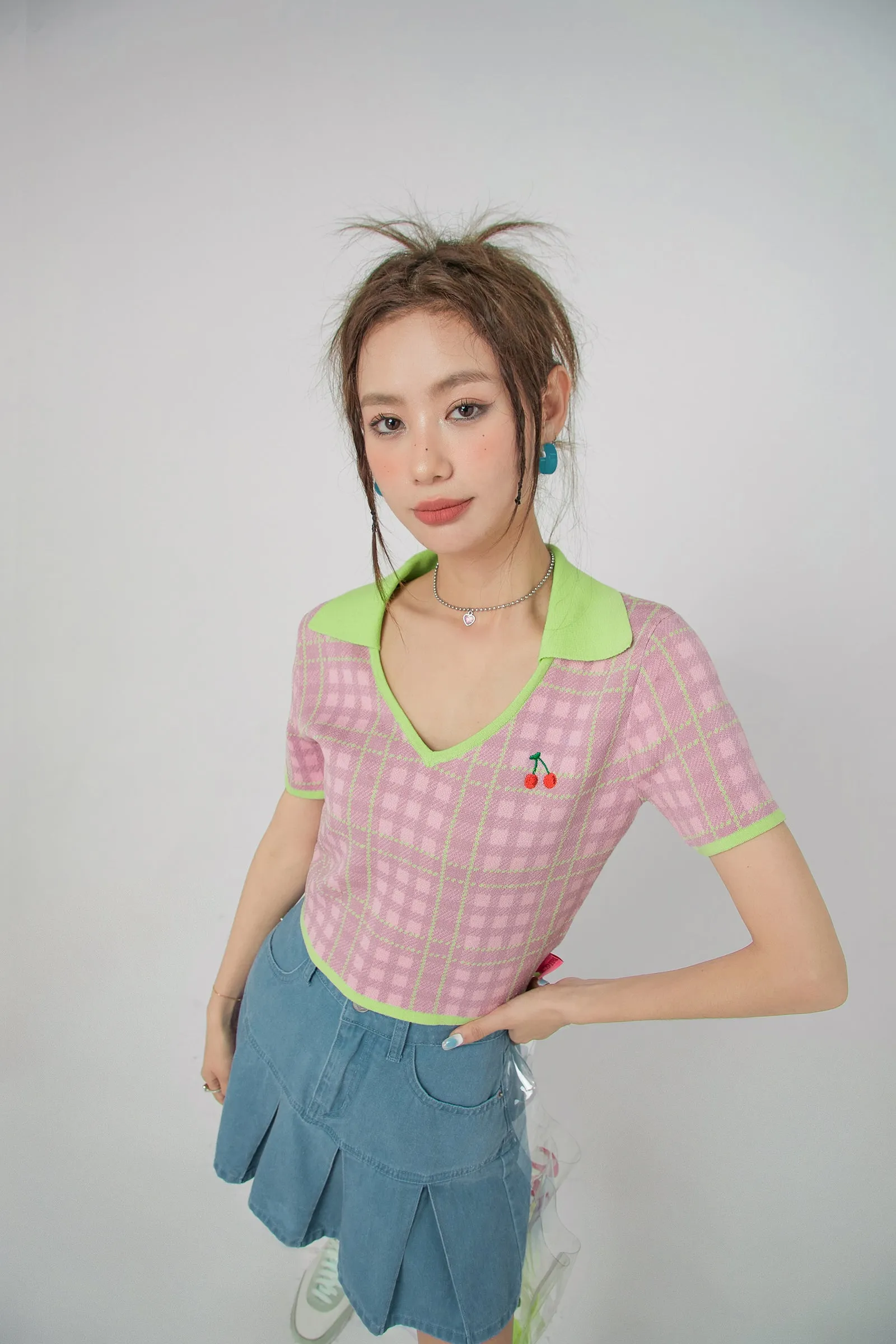 Cherry Color Cropped Knit T-Shirt