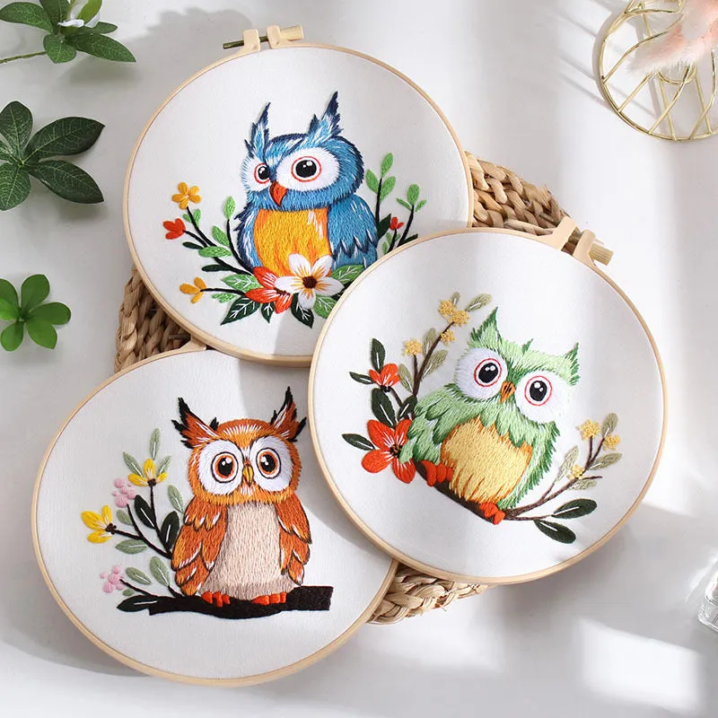 Cute Cartoon Owl Hand Embroidery DIY Kit 20cm