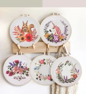 Cute Modern Floral Animal Hand Embroidery Kit 20cm