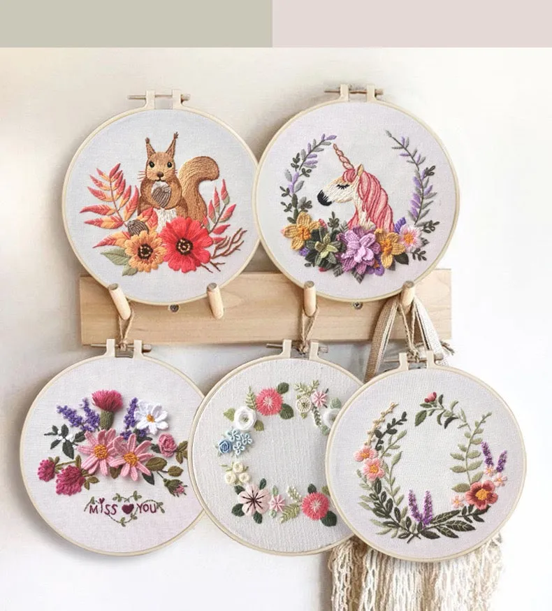 Cute Modern Floral Animal Hand Embroidery Kit 20cm