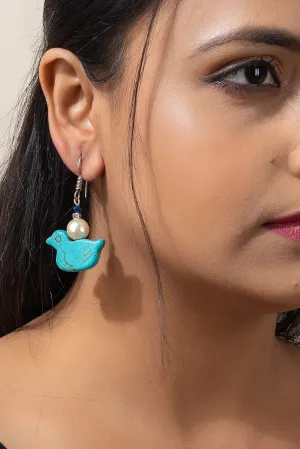 Designer Handmade Blue Turquoise Duck Earrings with Faux Pearl – Unique Jewelry