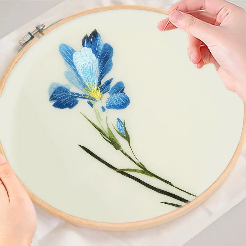 DIY Silk Embroidery kit Blue Flowers 20cm