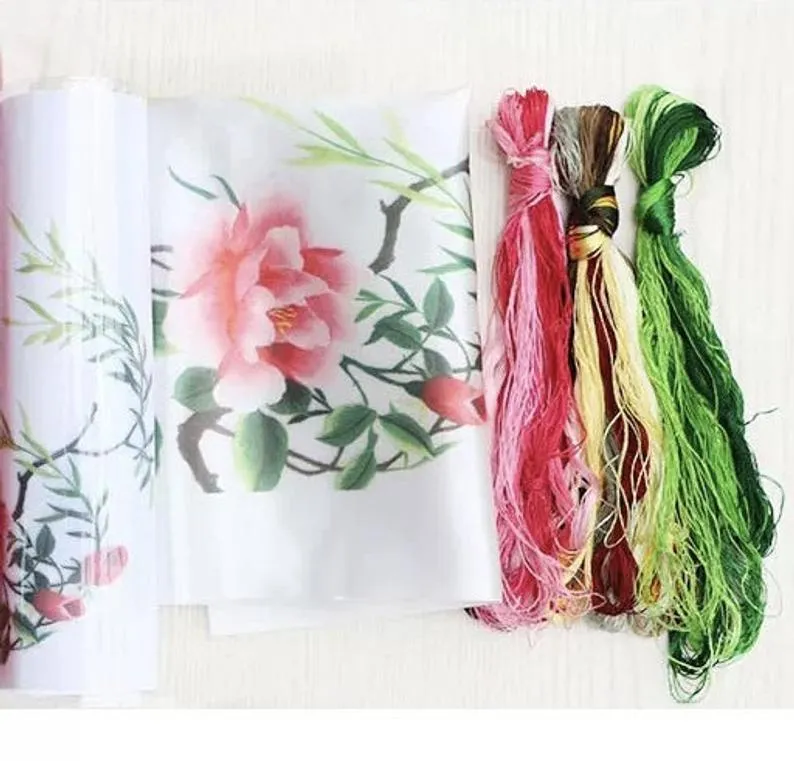 DIY Silk Embroidery kit Colorful Flowers 20cm