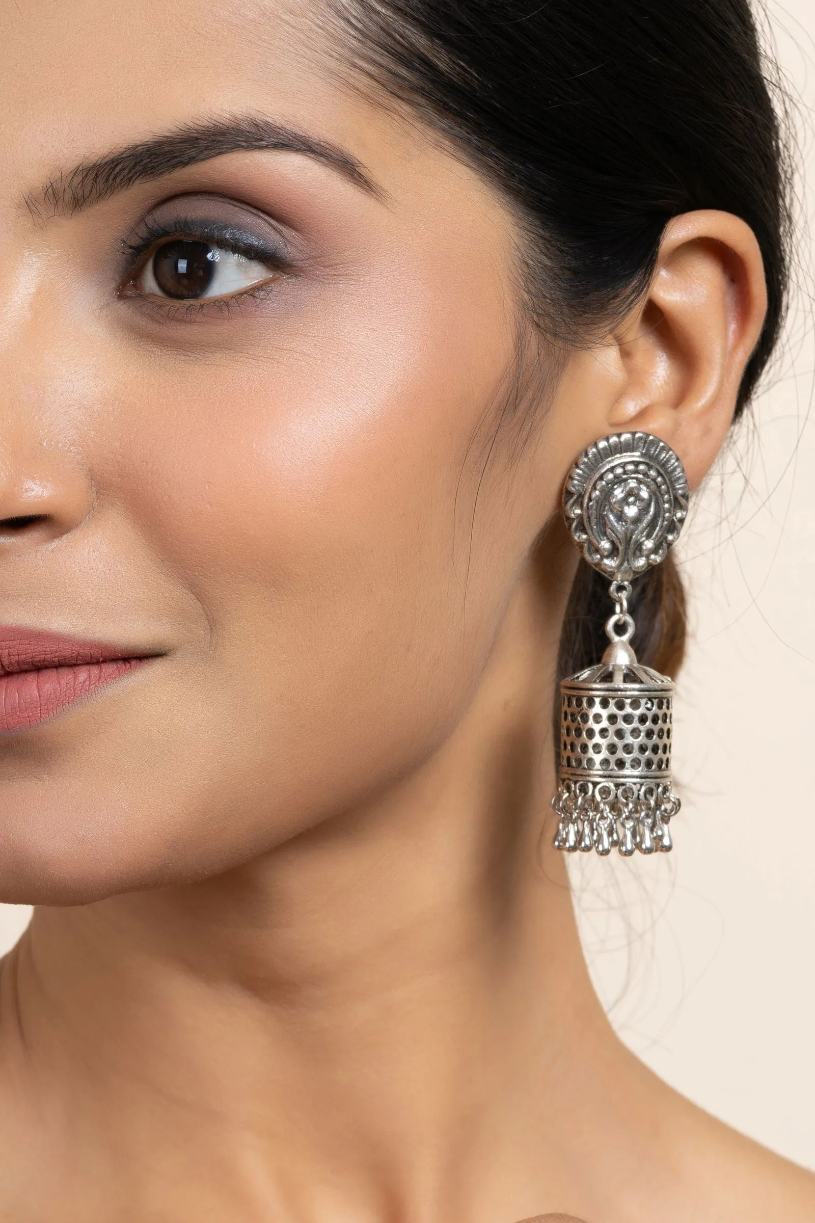 Elegant German Silver Floral Stud Designer Jhumka Earrings - Handmade & Oxidized Finish