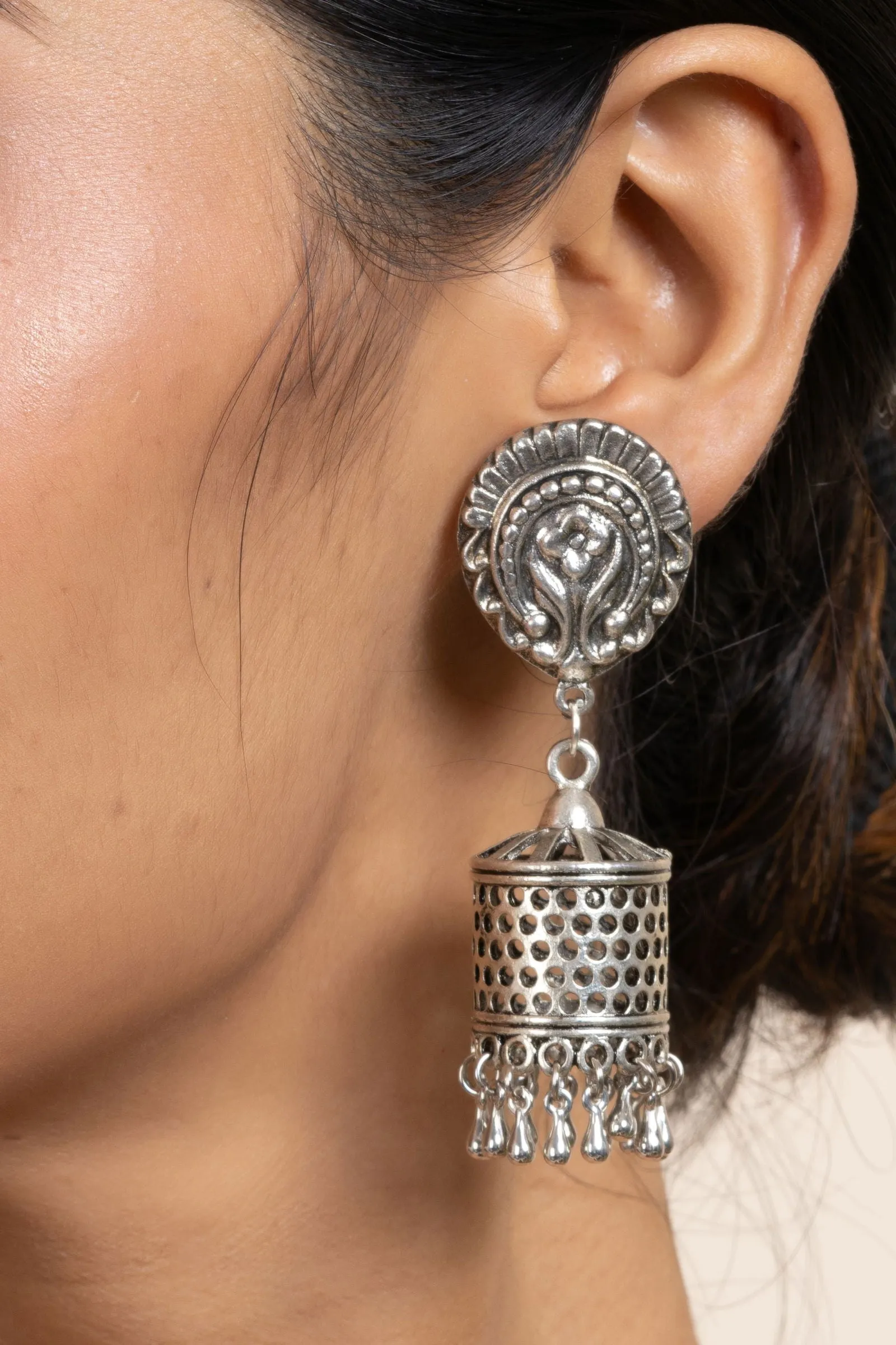 Elegant German Silver Floral Stud Designer Jhumka Earrings - Handmade & Oxidized Finish