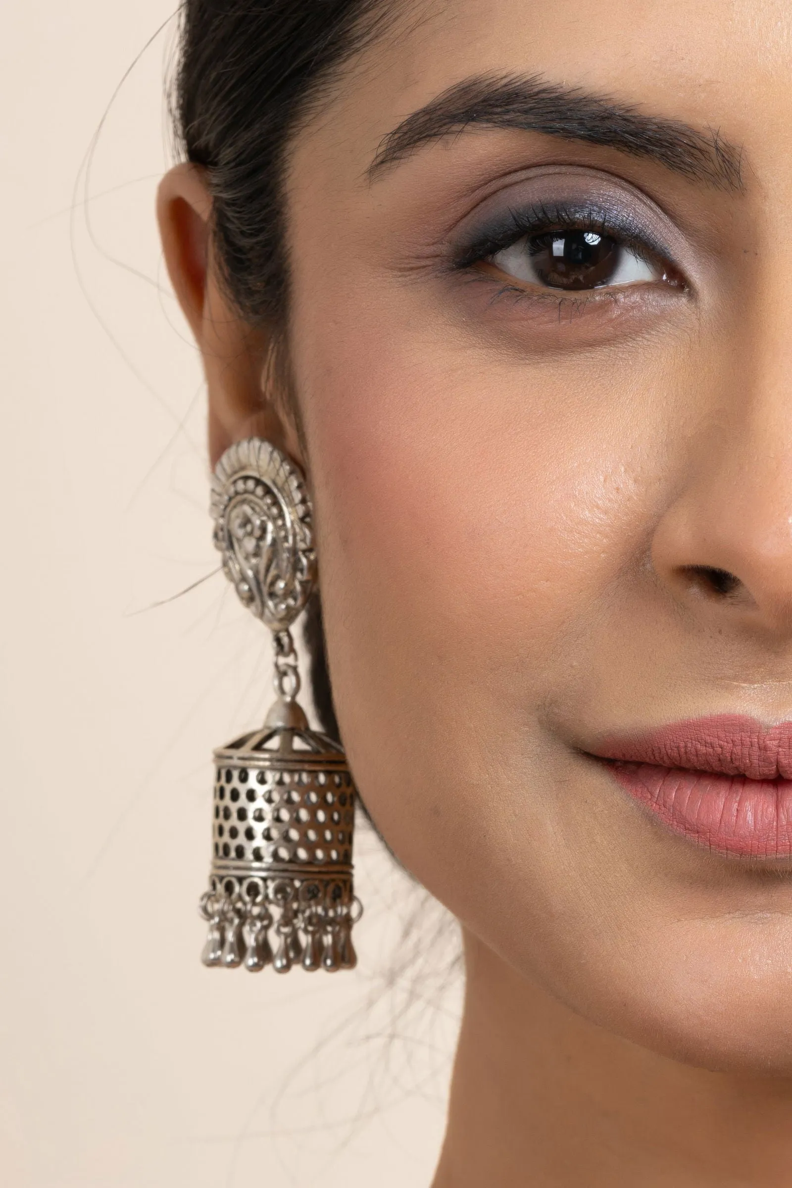 Elegant German Silver Floral Stud Designer Jhumka Earrings - Handmade & Oxidized Finish