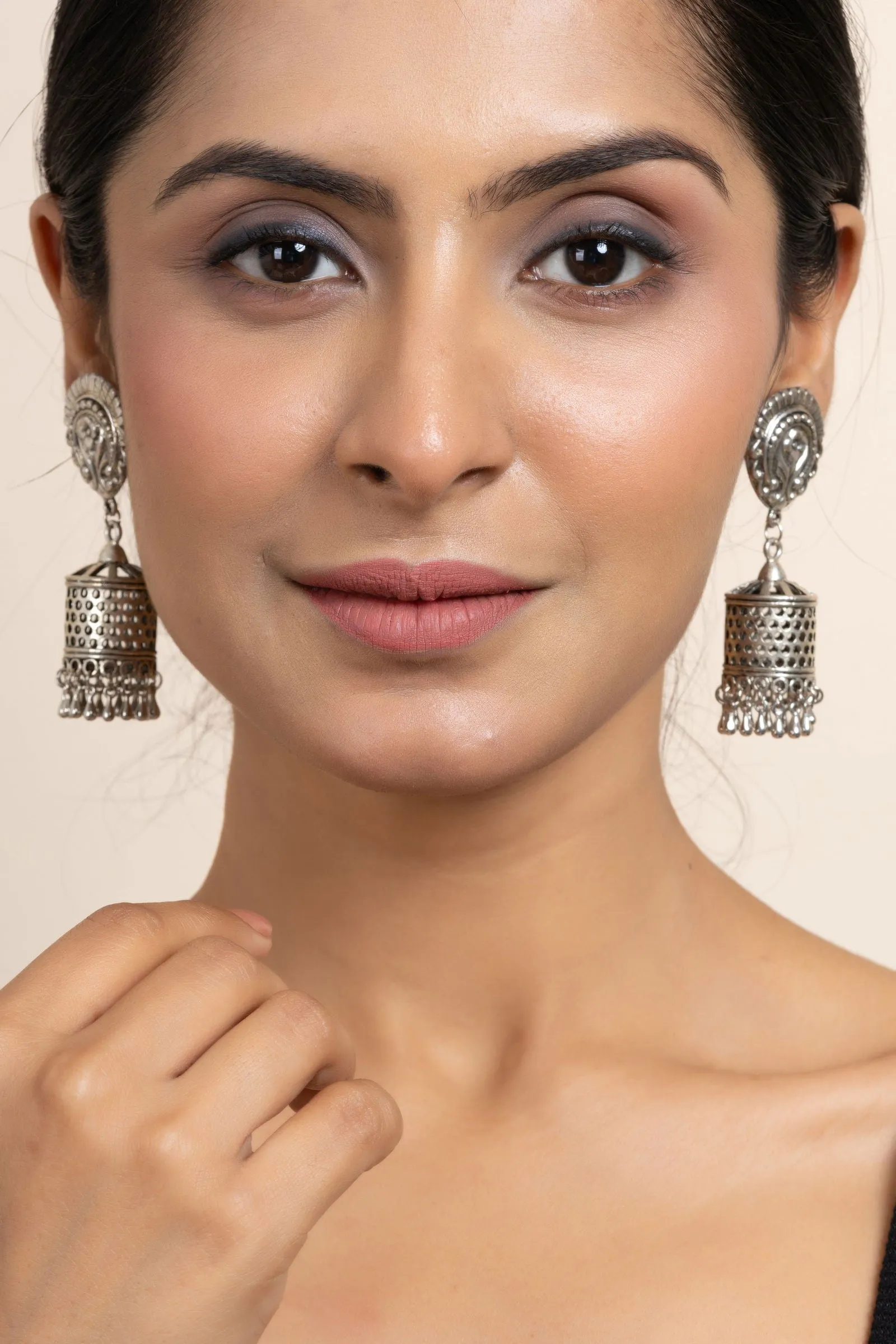 Elegant German Silver Floral Stud Designer Jhumka Earrings - Handmade & Oxidized Finish