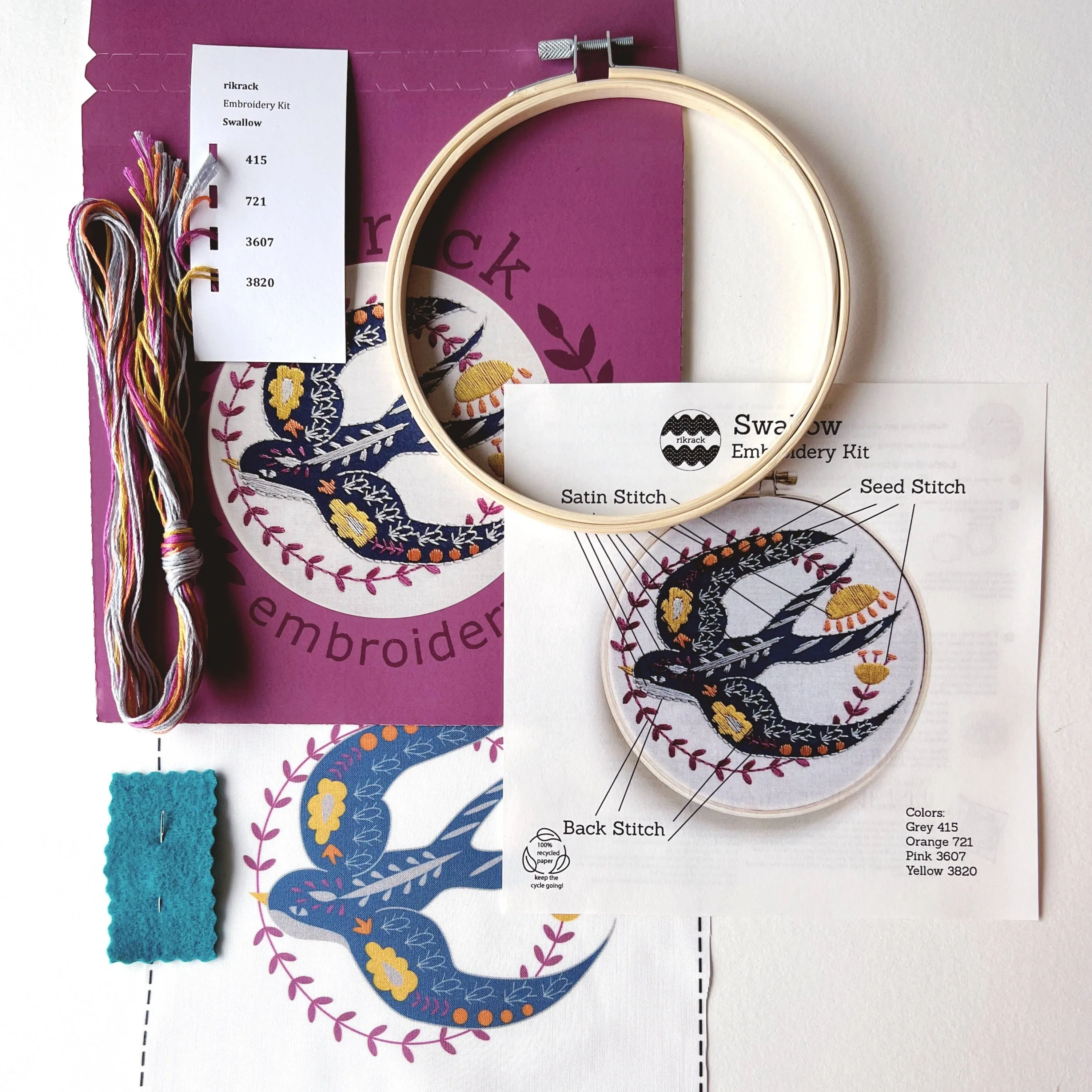 Embroidery Kit by Rikrack- Folk Art Swallow