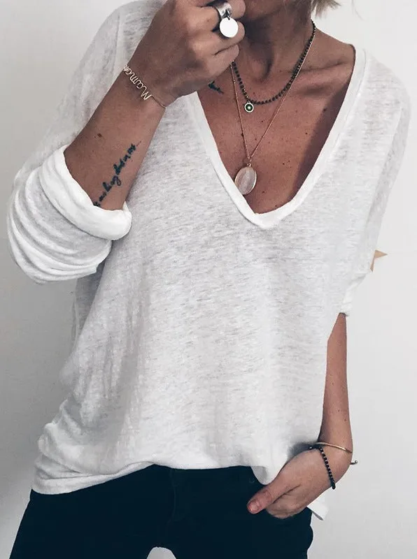 Fashion casual loose long sleeve V-neck printed T-shirt