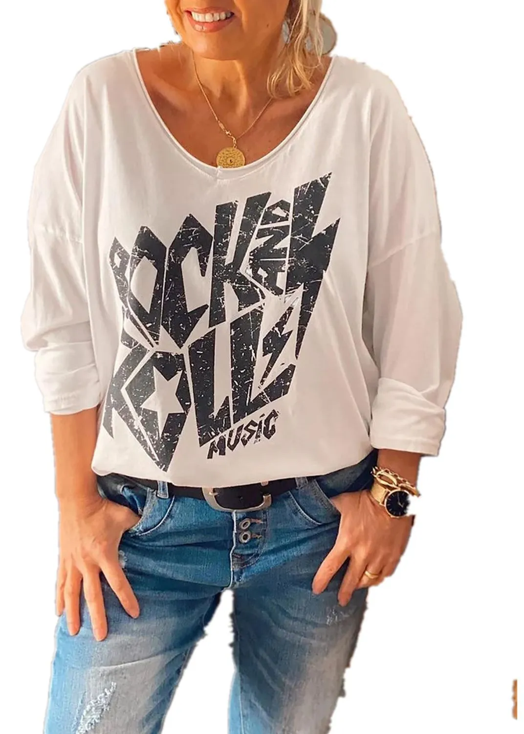 Fashion casual rock print V-neck casual loose T-shirt