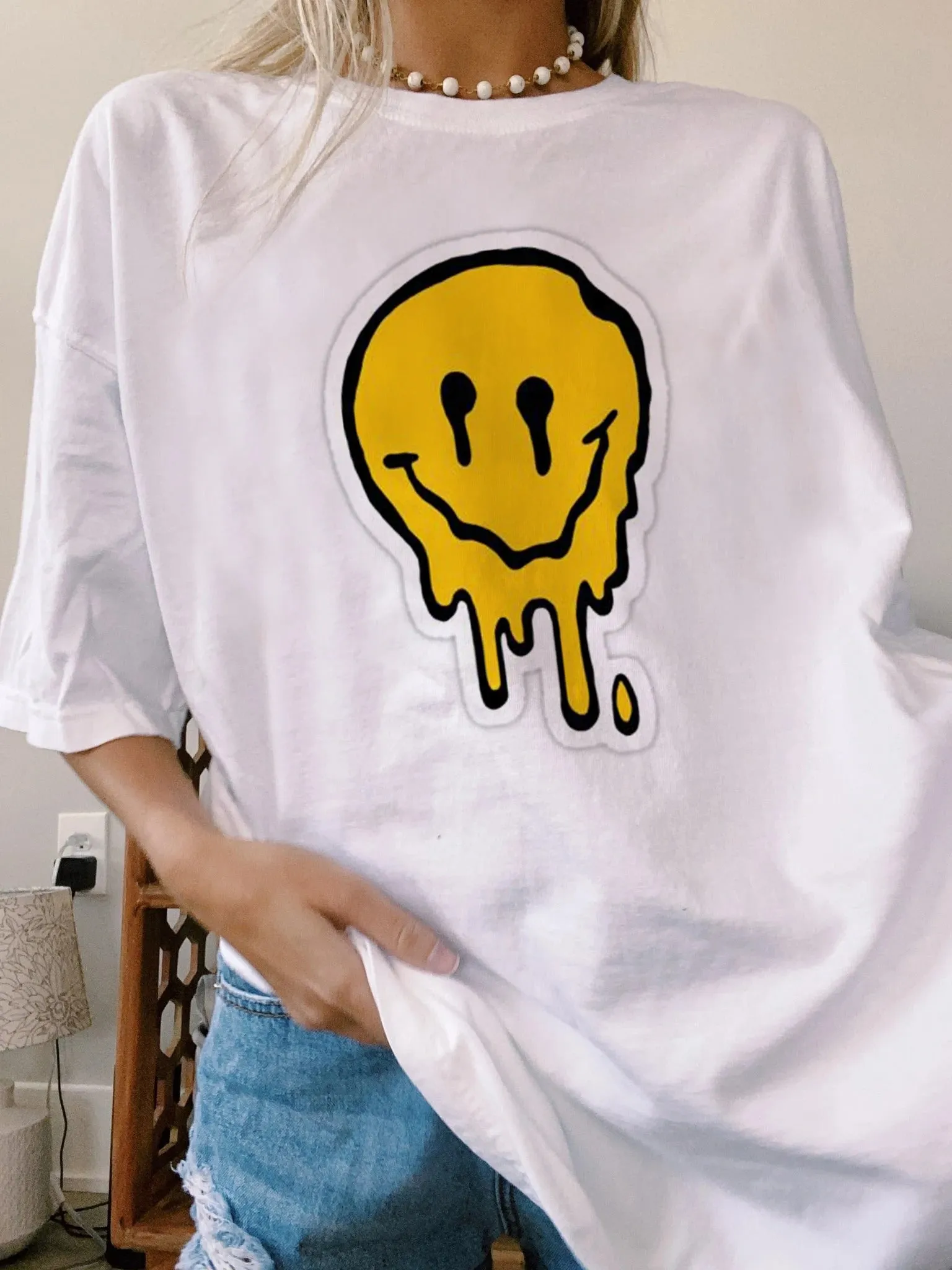 Fashion casual smiley print short-sleeved cotton T-shirt