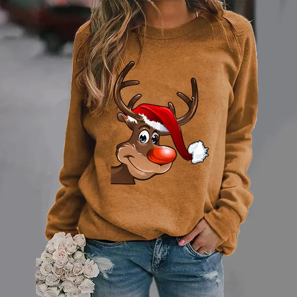 Fashion elk pattern printed long-sleeved round neck sweater women