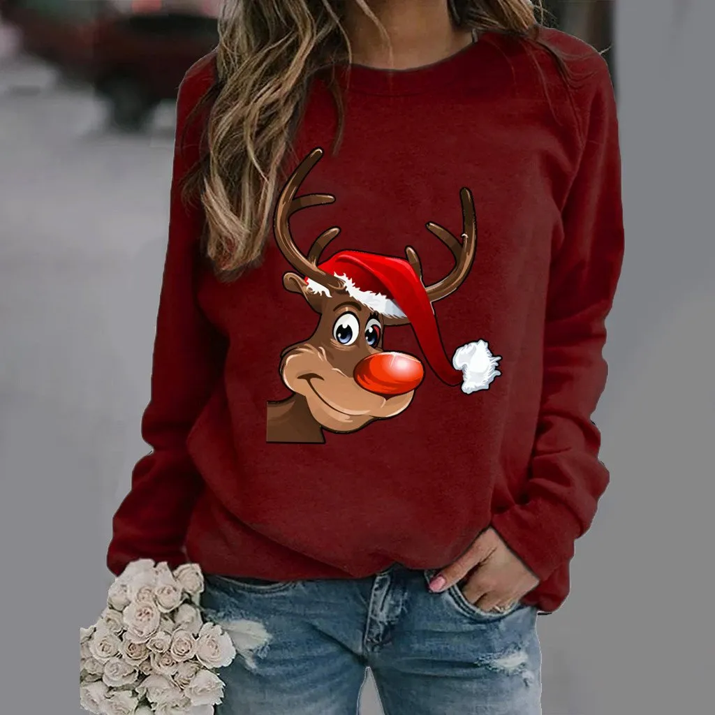 Fashion elk pattern printed long-sleeved round neck sweater women