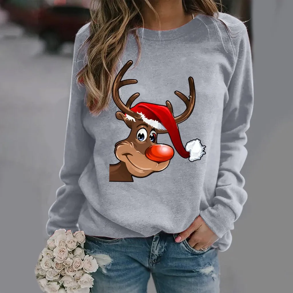 Fashion elk pattern printed long-sleeved round neck sweater women